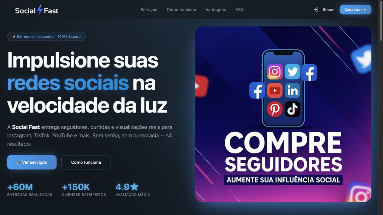 Print da página da SocialFast, com apresentação de serviços para redes sociais
